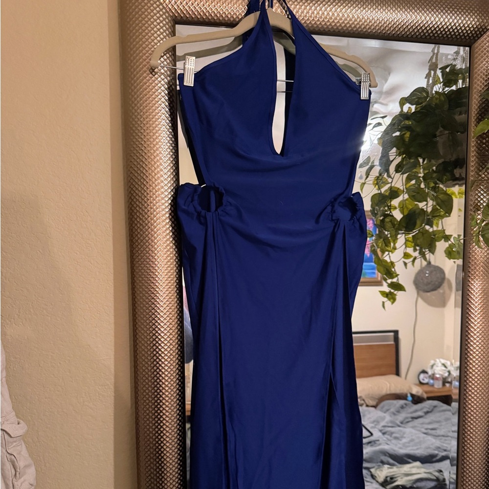 Summer Blue Halter Double High Slit Dress